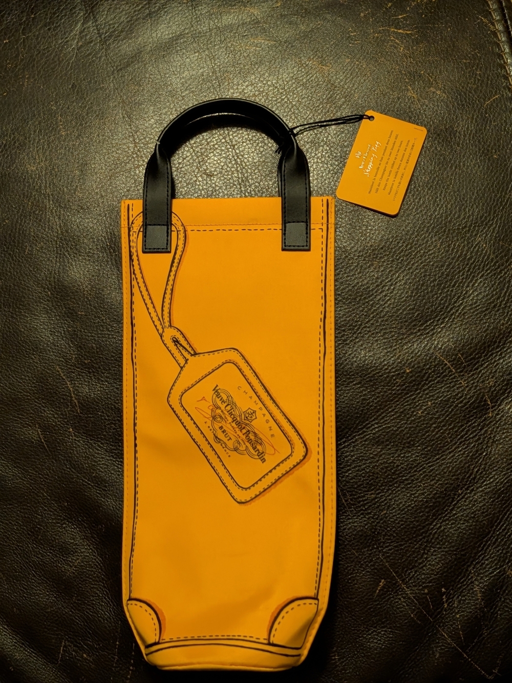 Yellow Leather Bottle Tote with Black Handles by Unknown Brand